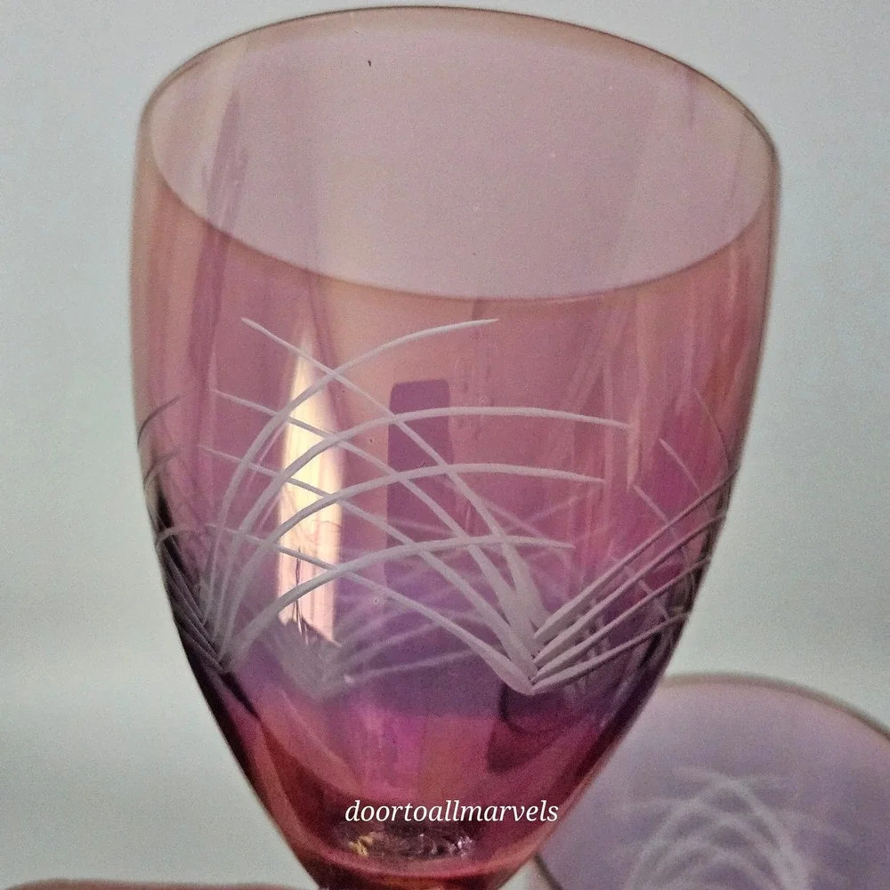 2 VTG Bohemian Hand-Blown Cranberry Cut-to-Clear Wine Glasses Optic Ball Stem